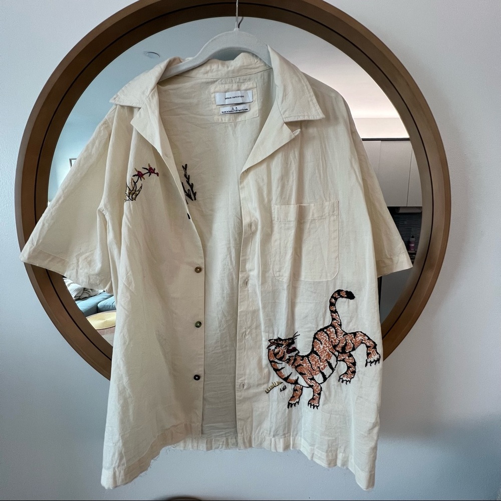 UO Short Sleeve Button-Down Top with embroidery